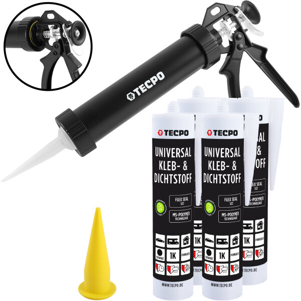 4x TECPO Universal Klebe- und Dichtstoff FLEX SEAL 522 SCHWARZ 1K MS-Polymer UV-stabil und witterungsbeständig + Alu-Kartuschenpresse 220 mm