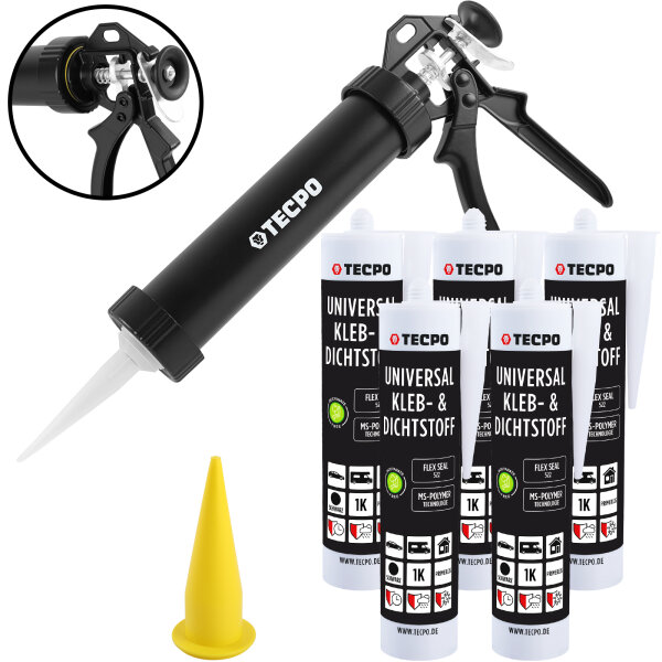 5x TECPO Universal Klebe- und Dichtstoff FLEX SEAL 522 SCHWARZ 1K MS-Polymer UV-stabil und witterungsbeständig + Alu-Kartuschenpresse 220 mm