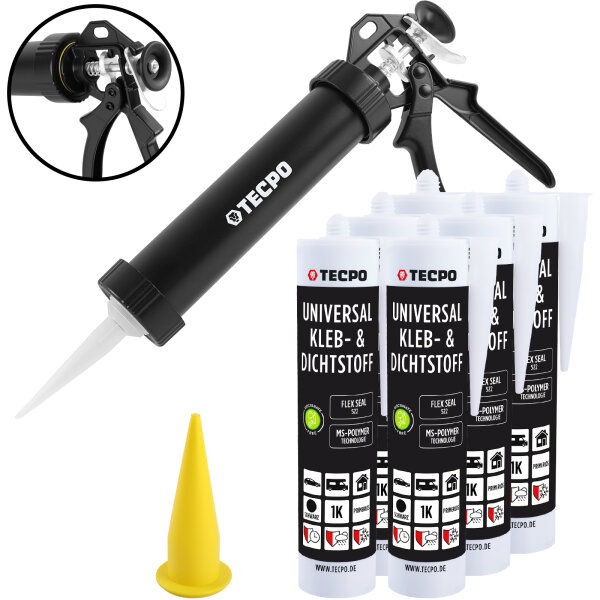 6x TECPO Universal Klebe- und Dichtstoff FLEX SEAL 522 SCHWARZ 1K MS-Polymer UV-stabil und witterungsbeständig + Alu-Kartuschenpresse 220 mm