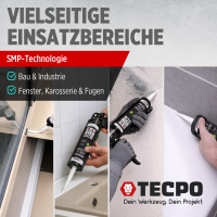 6x TECPO KLEBE UND DICHTSTOFF UNIVERSAL FLEX SEAL 522 WEIß 1K MS POLYMER 480g + Alu-Kartuschenpresse 220 mm