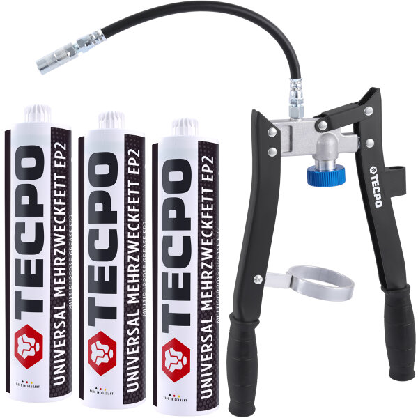 3x TECPO Universal Mehrzweckfett EP2, 500g + Zweihand-Kartuschen Fettpresse 2in1 PROFI-Ausführung 500g für Schraubkartuschen / Fett Mehrzweckfett
