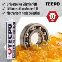5x TECPO Universal Mehrzweckfett EP2, 500g + Zweihand-Kartuschen Fettpresse 2in1 PROFI-Ausführung 500g für Schraubkartuschen / Fett Mehrzweckfett