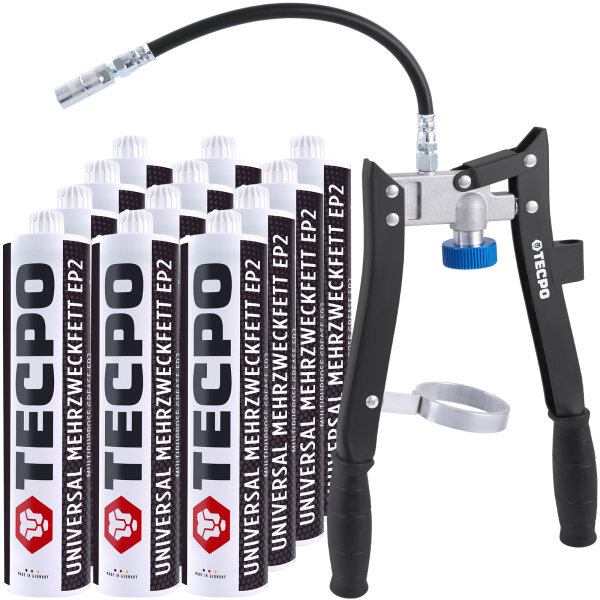 12x TECPO Universal Mehrzweckfett EP2, 500g + Zweihand-Kartuschen Fettpresse 2in1 PROFI-Ausführung 500g für Schraubkartuschen / Fett Mehrzweckfett
