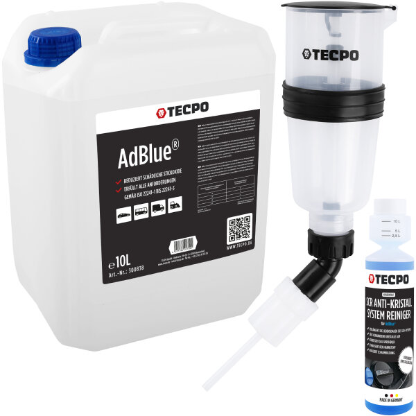 TECPO Einfülltrichter für Harnstoff Zusätzen AdBlue® AUS 32 1.1 Liter + AdBlue® 10L + SCR Anti-Kristall Additiv Konzentrat, 250 ml
