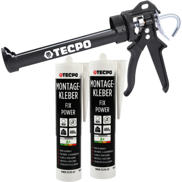 2x TECPO Universal Montagekleber Ultra FIX Power Baukleber 480g Weiß + Kartuschenpresse Kartuschenpistole 25:1