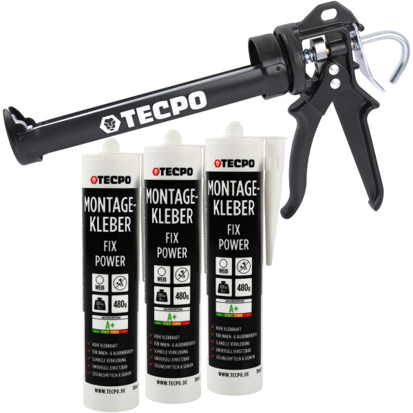 3x TECPO Universal Montagekleber Ultra FIX Power Baukleber 480g Weiß + Kartuschenpresse Kartuschenpistole 25:1