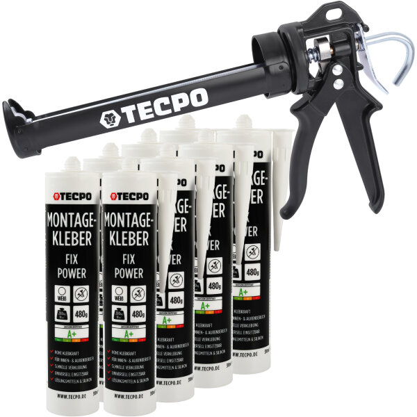 8x TECPO Universal Montagekleber Ultra FIX Power Baukleber 480g Weiß + Kartuschenpresse Kartuschenpistole 25:1