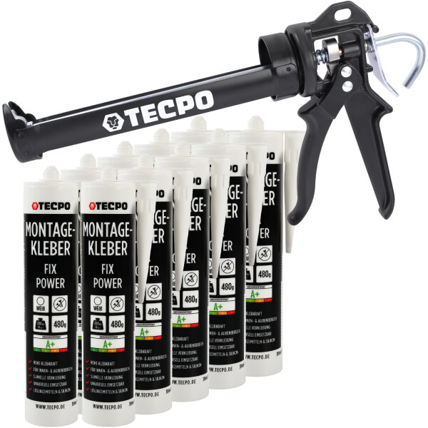 10x TECPO Universal Montagekleber Ultra FIX Power Baukleber 480g Weiß + Kartuschenpresse Kartuschenpistole 25:1