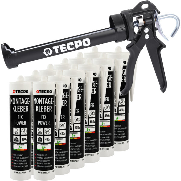 12x TECPO Universal Montagekleber Ultra FIX Power Baukleber 480g Weiß + Kartuschenpresse Kartuschenpistole 25:1