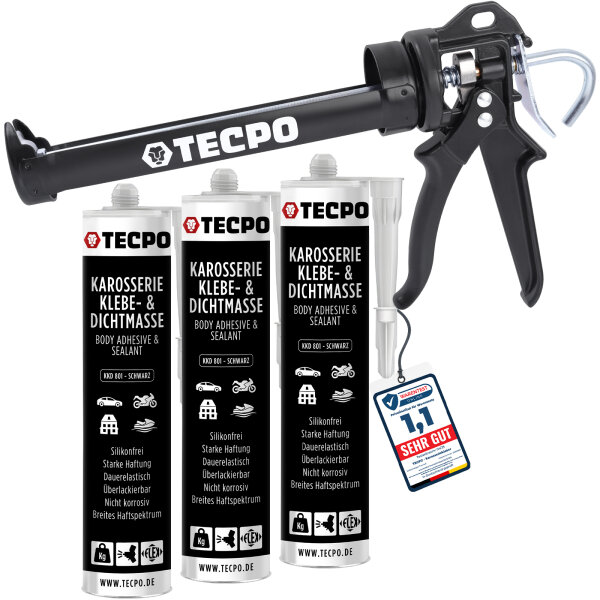 3x TECPO KKD 801 Karosserie Klebe- und Dichtmasse, 370g + Kartuschenpresse Kartuschenpistole 25:1 für Kartuschen 150–310 ml (bis 220 mm Länge)
