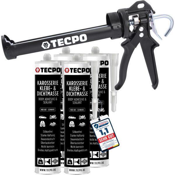 4x TECPO KKD 801 Karosserie Klebe- und Dichtmasse, 370g + Kartuschenpresse Kartuschenpistole 25:1 für Kartuschen 150–310 ml (bis 220 mm Länge)