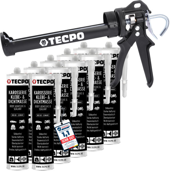 10x TECPO KKD 801 Karosserie Klebe- und Dichtmasse, 370g + Kartuschenpresse Kartuschenpistole 25:1 für Kartuschen 150–310 ml (bis 220 mm Länge)