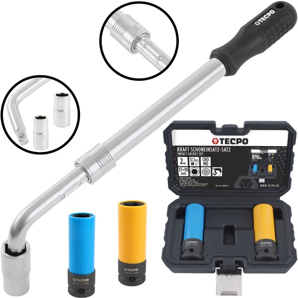 TECPO Radmutterschlüssel-Set Teleskop, SW 17-19mm 21-23mm + Kraft-Schoneinsatz-Satz SW 17mm 19mm