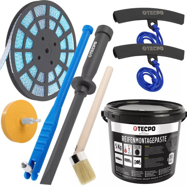 TECPO Felgenkantenschutz + Klebegewicht Schaber Entferner + Ventileinzieher + Reifen Montagepaste mit Pinsel + Auswucht Gewichte + Radierer