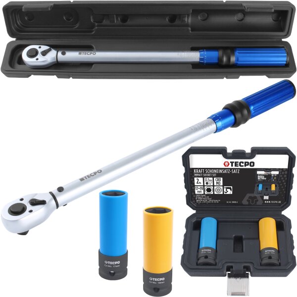 TECPO Drehmomentschlüssel (1/2") 40 - 220 Nm + Kraft-Schoneinsatz-Satz SW 17mm 19mm