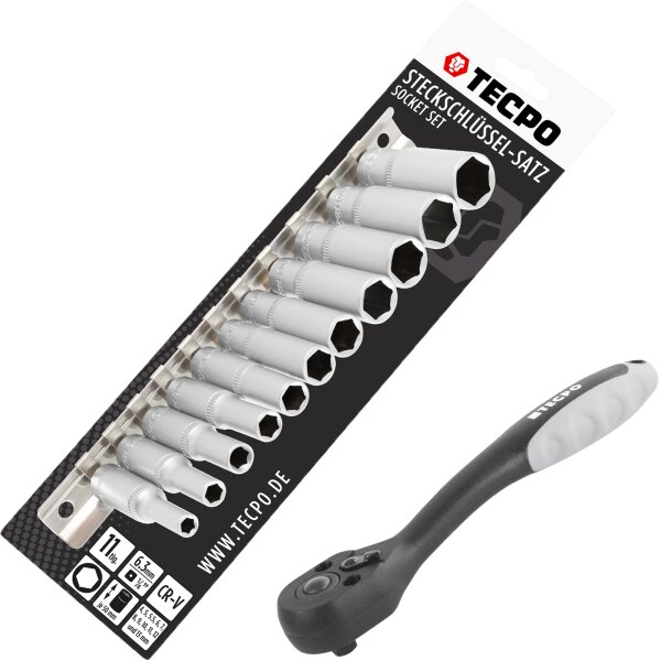 TECPO Steckschlüssel Satz, tief, 1/4", 4-13 mm, 11-tlg + Umschaltknarre 1/4"