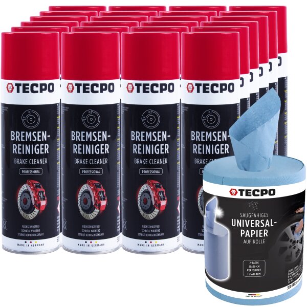 24x TECPO Bremsenreiniger Universal Reiniger, 500 ml + Putzrolle blau 2-lagig, 23x30 cm, MINI-300