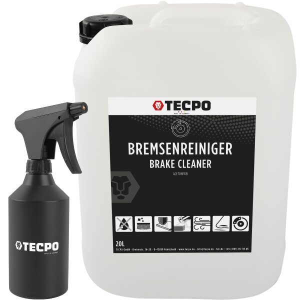 TECPO Bremsenreiniger 20L Kanister + HDPE Handsprüher, 500 ml