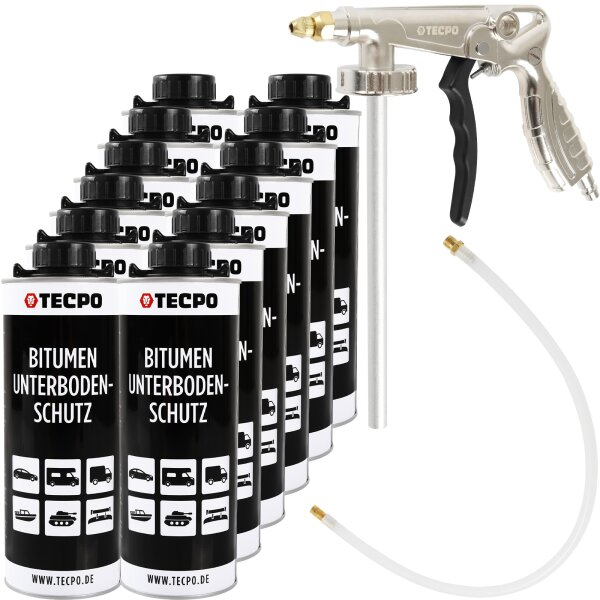 TECPO Unterbodenschutz Bitumen schwarz, 12L + Druckluft Unterbodenschutz Pistole