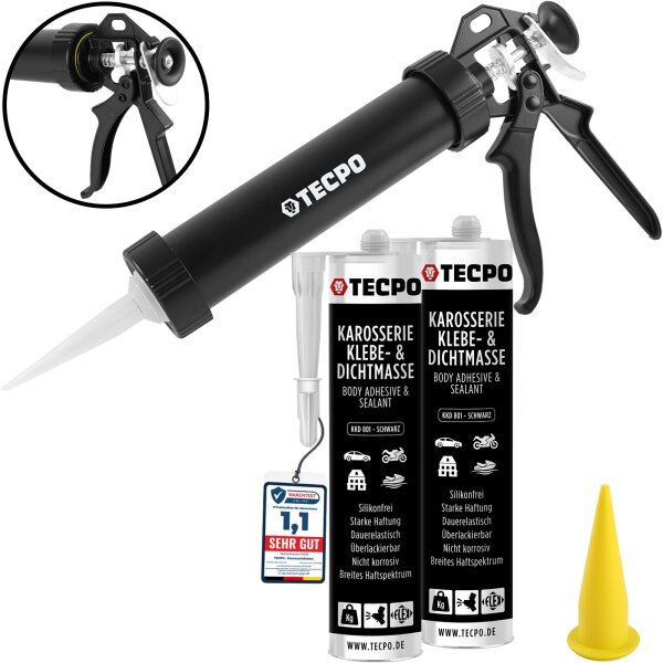 2x TECPO KKD 801 Karosserie Klebe- und Dichtmasse, 370gl + Alu-Kartuschenpresse