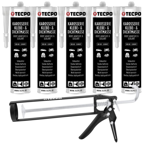 5x TECPO KKD 801 Karosserie Klebe- und Dichtmasse, 370g + Kartuschenpresse