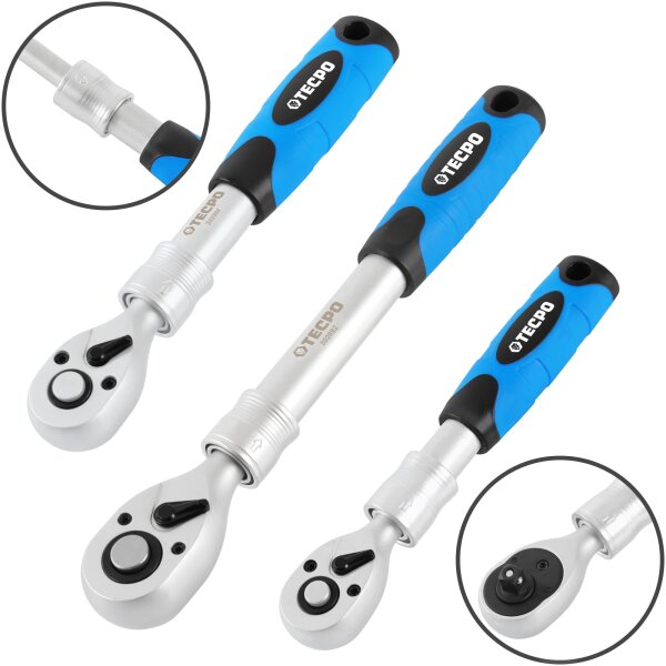 TECPO 3x Ausziehbare-Umschaltknarren 1/4", 3/8", 1/2"