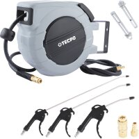 TECPO Druckluftschlauch Aufroller 15 Meter + 1.5 Meter und Ausblaspistolen-Satz + Adapter