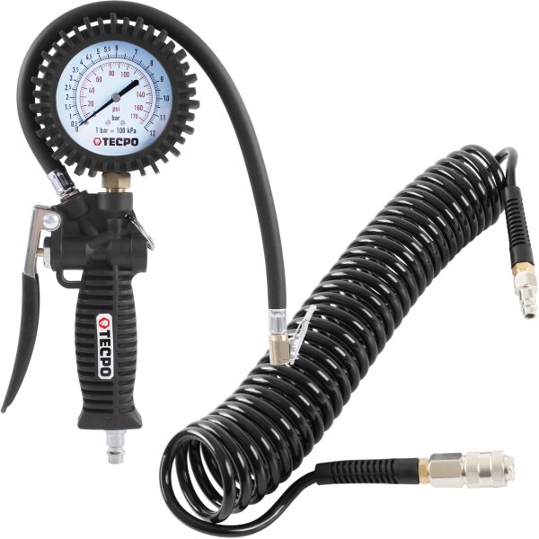 TECPO Drukluft Spiralschlauch 6 m + Druckluft Reifenfüller 0-12 Bar, 0-170 PSI