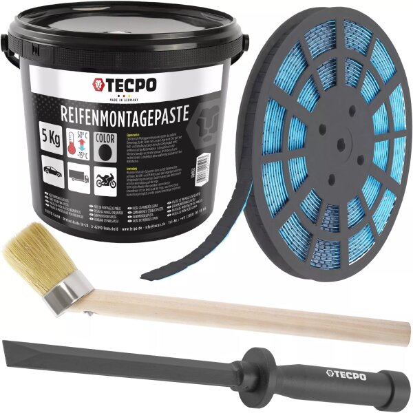 TECPO Reifenmontagepaste schwarz 5 kg + Pinsel + 1200x Klebegewichte + Kunststoffschaber