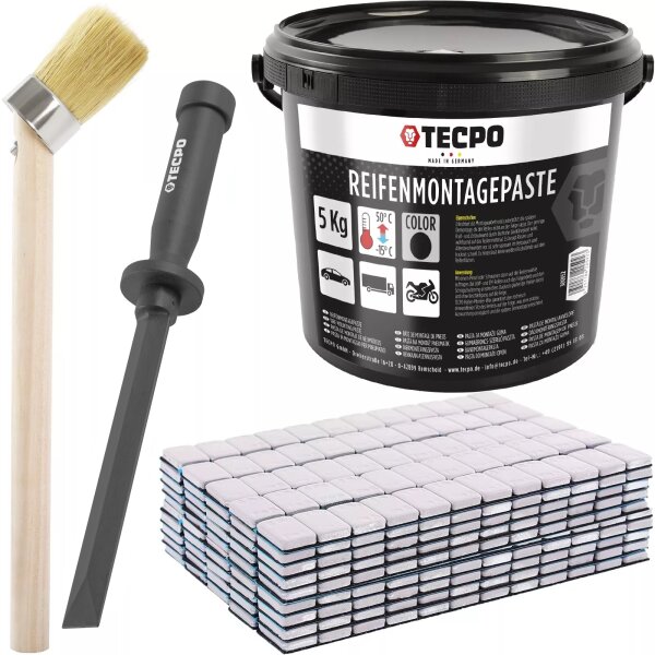 TECPO Reifenmontagepaste schwarz 5 kg + Pinsel + Klebegewichte 600-teilig Auswucht Gewichte, 5g + Kunststoffschaber 19 mm