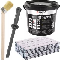 TECPO Reifenmontagepaste schwarz 5 kg + Pinsel + Klebegewichte 600-teilig Auswucht Gewichte, 5g + Kunststoffschaber 19 mm