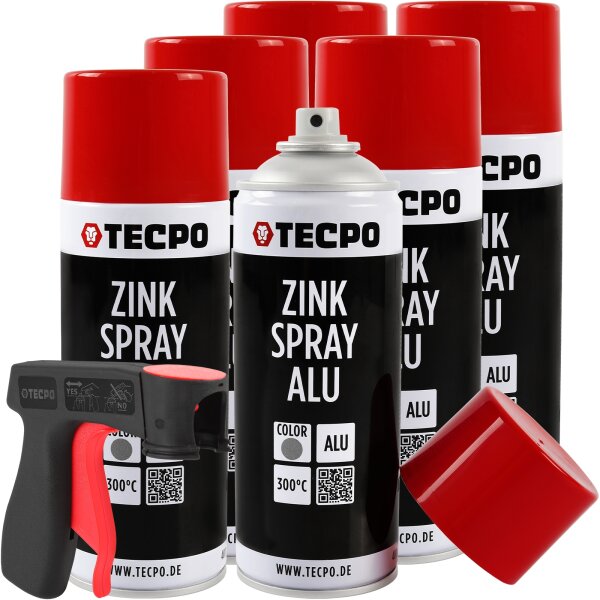 6x TECPO Zink Spray ALU Hell 400 ml bis 300°C Grundierung Rostschutz Korrosionsschutz + Sprühpistole