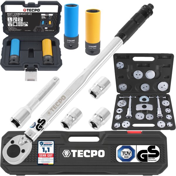 TECPO Drehmomentschlüssel 1/2 Zoll, 40-210 Nm + Bremskolben-Rücksteller + Kraft-Schoneinsatz-Satz SW 17 mm 19 mm