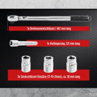 TECPO Drehmomentschlüssel 1/2 Zoll, 40-210 Nm + Bremskolben-Rücksteller + Kraft-Schoneinsatz-Satz SW 17 mm 19 mm