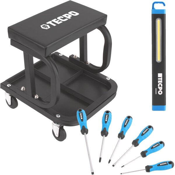 TECPO Werkstatt Rollsitz + Schraubendreher, 6-tlg. + LED Arbeitslampe