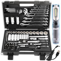 TECPO Steckschlüssel-Satz, 92-tlg, 1/4+3/8", ZOLL + LED Akku Handlampe 500 Lumen