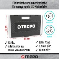 TECPO Steckschlüssel-Satz, 92-tlg, 1/4+3/8", ZOLL + LED Akku Handlampe 500 Lumen
