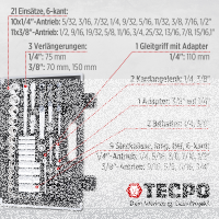 TECPO Steckschlüssel-Satz, 92-tlg, 1/4+3/8", ZOLL + LED Akku Handlampe 500 Lumen