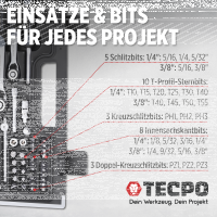 TECPO Steckschlüssel-Satz, 92-tlg, 1/4+3/8", ZOLL + LED Akku Handlampe 500 Lumen