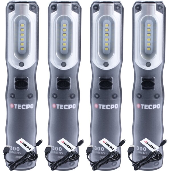 4x TECPO LED Akku Handlampe 300 Lumen + USB Kabel
