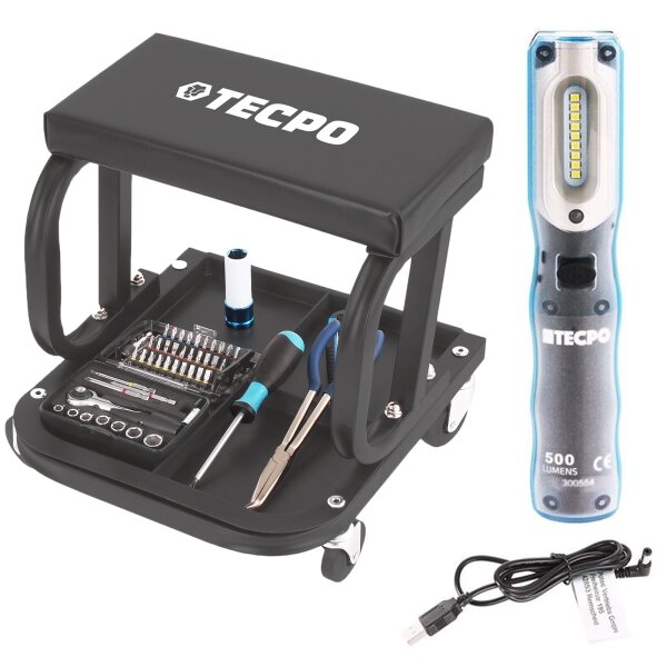 TECPO Werkstattrollhocker mit Werkzeug Ablage + AKKU Werkstattlampe, 500 Lumen