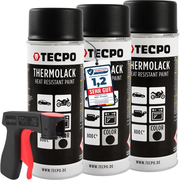 3x TECPO Thermolack Auspufflack Ofenlack 800°C schwarz 400 ml + Pistolengriff