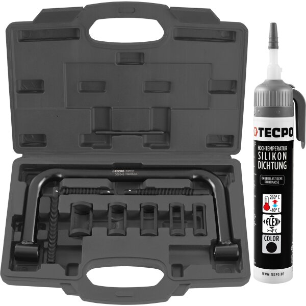 TECPO Universal Ventilfederspanner-Satz, 16-30 mm + Hochtemperatur Silikon Dichtung HSD 30 schwarz 200 ml