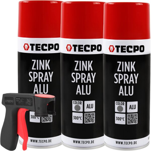 3x TECPO Zink Spray ALU Hell 400 ml bis 300°C Grundierung Rostschutz Korrosionsschutz + Sprühpistole
