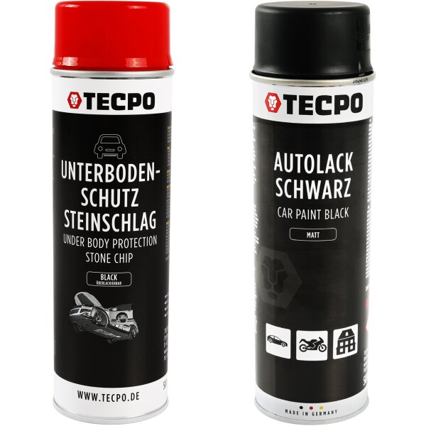 TECPO Unterbodenschutz Bitumen schwarz, 500 ml + Autolack schwarz matt 500 ml