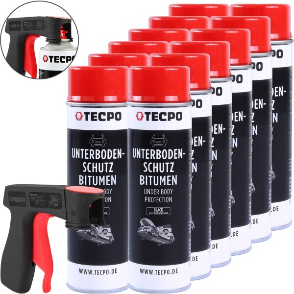 12x TECPO Unterbodenschutz Bitumen schwarz, 500 ml + Pistolengriff