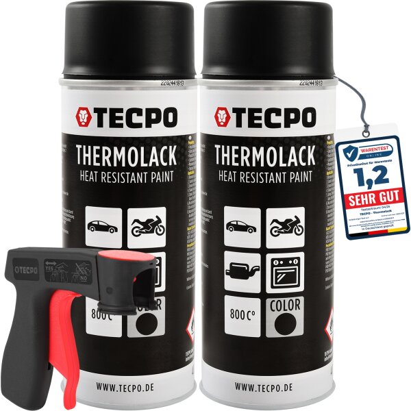 2x TECPO Thermolack Auspufflack Ofenlack 800°C schwarz 400 ml + Pistolengriff