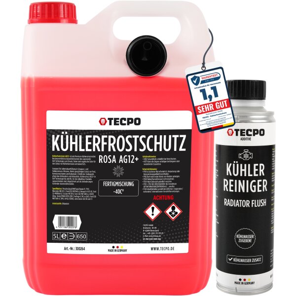 TECPO Kühlerfrostschutz G12+ -40°C, 5L + Kühlerreiniger Kühlsystem Additiv, 300 ml