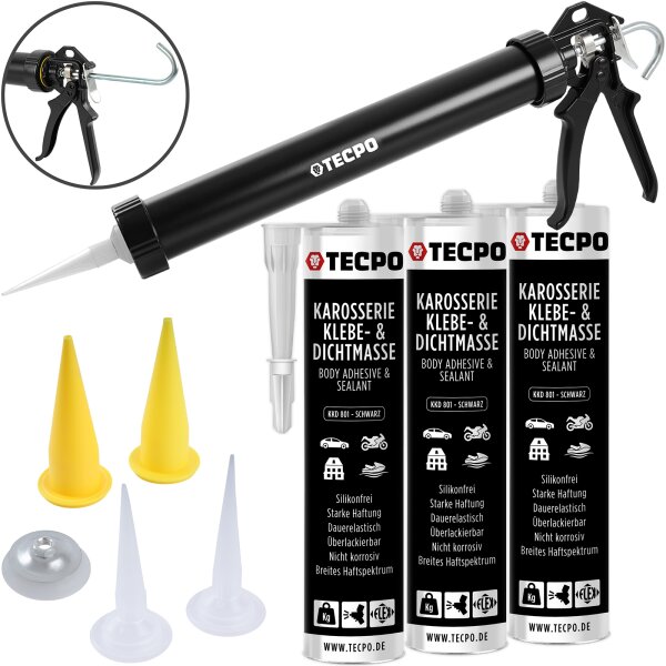 3x TECPO KKD 801 Karosserie Klebe- und Dichtmasse, 370g + Kartuschenpresse