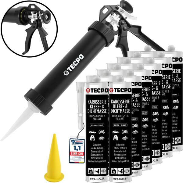 12x TECPO KKD 801 Karosserie Klebe- und Dichtmasse, 370g + Alu-Kartuschenpresse
